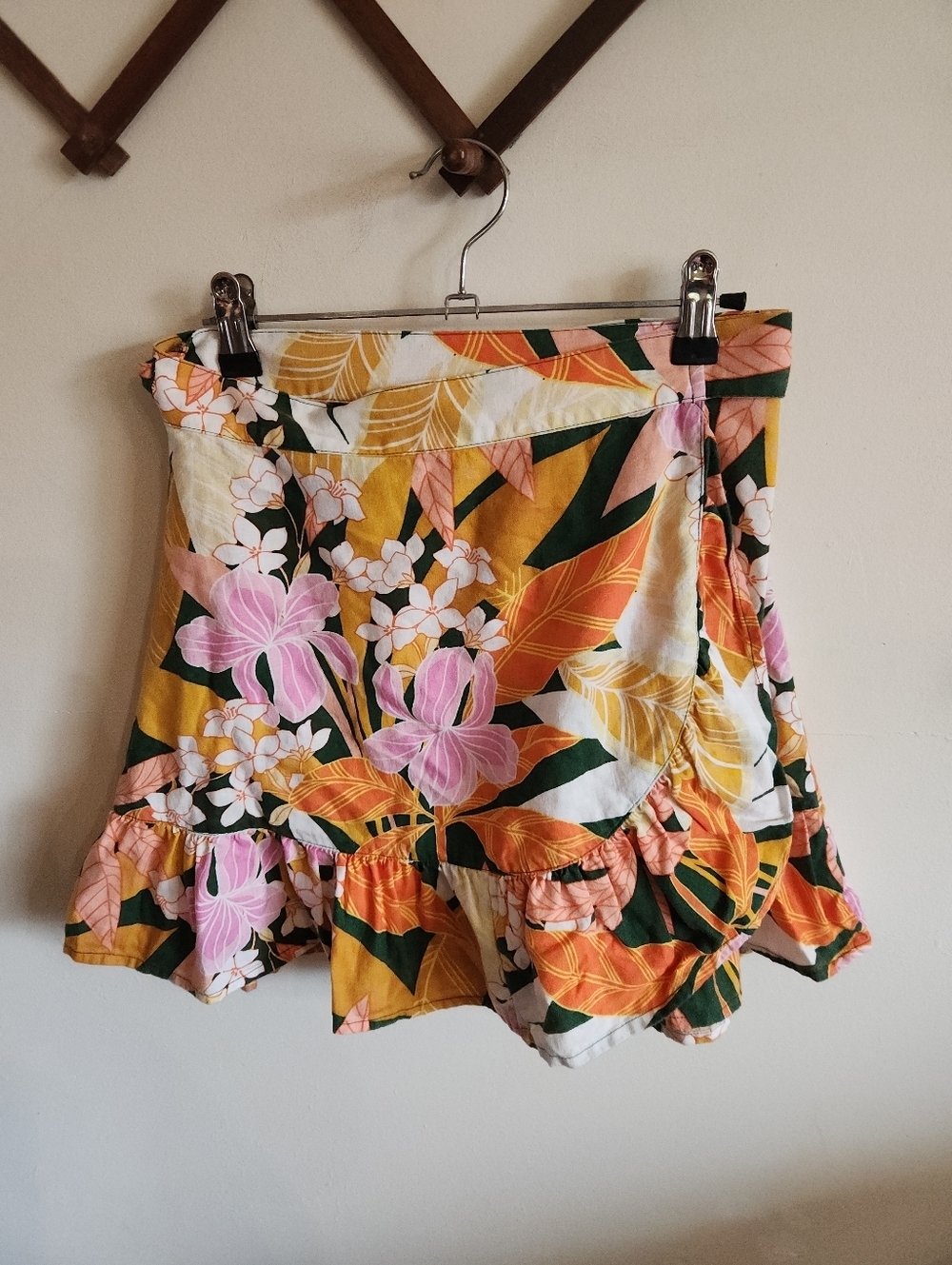 Aerie Tropical Floral True Wrap Mini Skirt Pink Orange Linen Small S